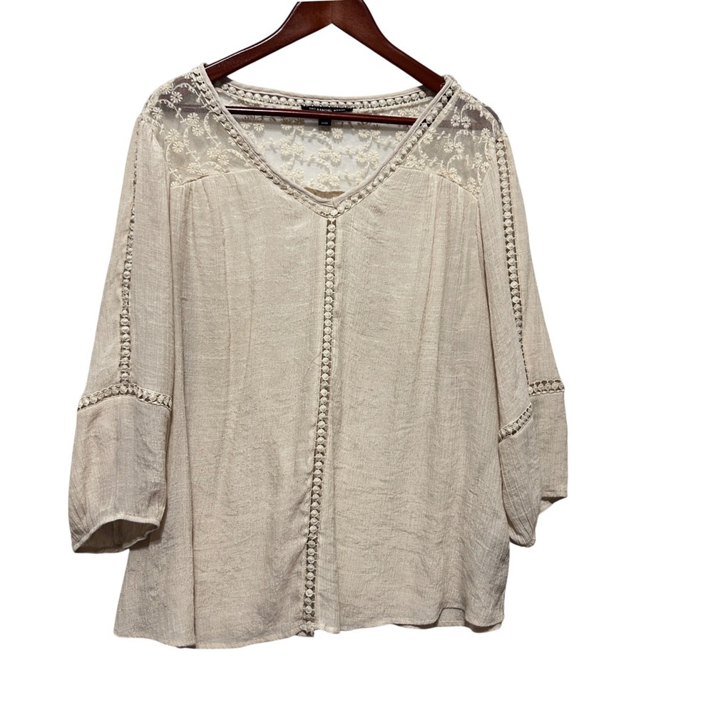 Zac & Rachel Women Cottage Boho Tunic Top 2X Beige Embroider Lace Crochet Gauze